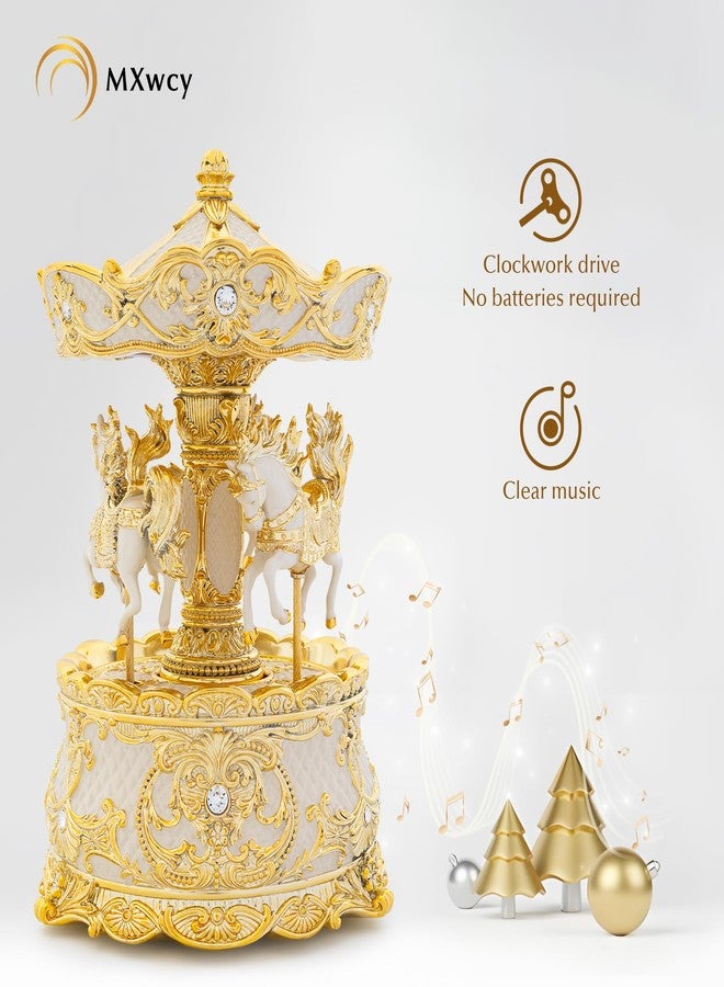 MXwcy Carousel Music Box Gold & Ivory 8.7" Rotate Christmas Music Box for Kids & Adults, Classic Wind up Cylinder Music Box Birthday Gifts for Women Girls Mom, Carousel Horse Musical Lantern Home Room Decor - Image 5